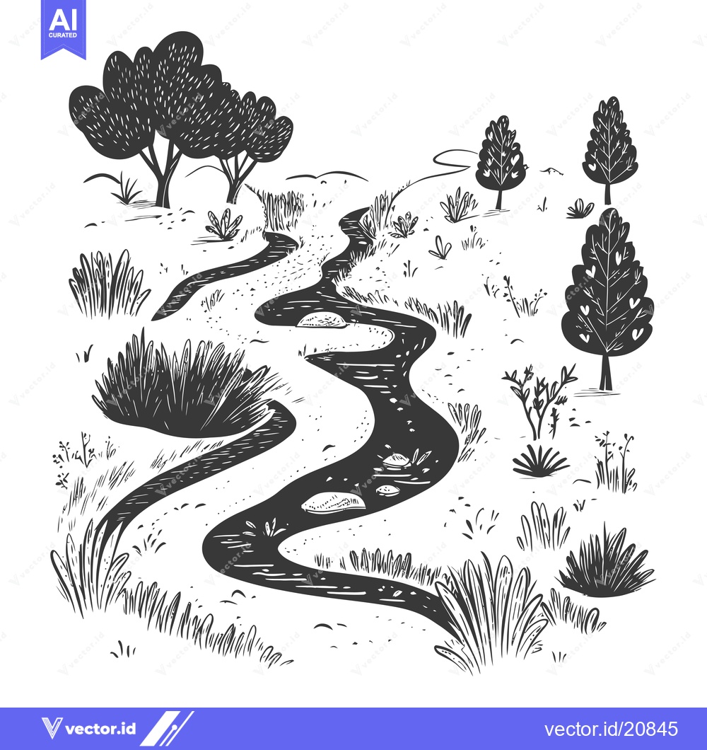 Premium Vector dari A Winding Creek Through a Lush Forest with Scattered Trees