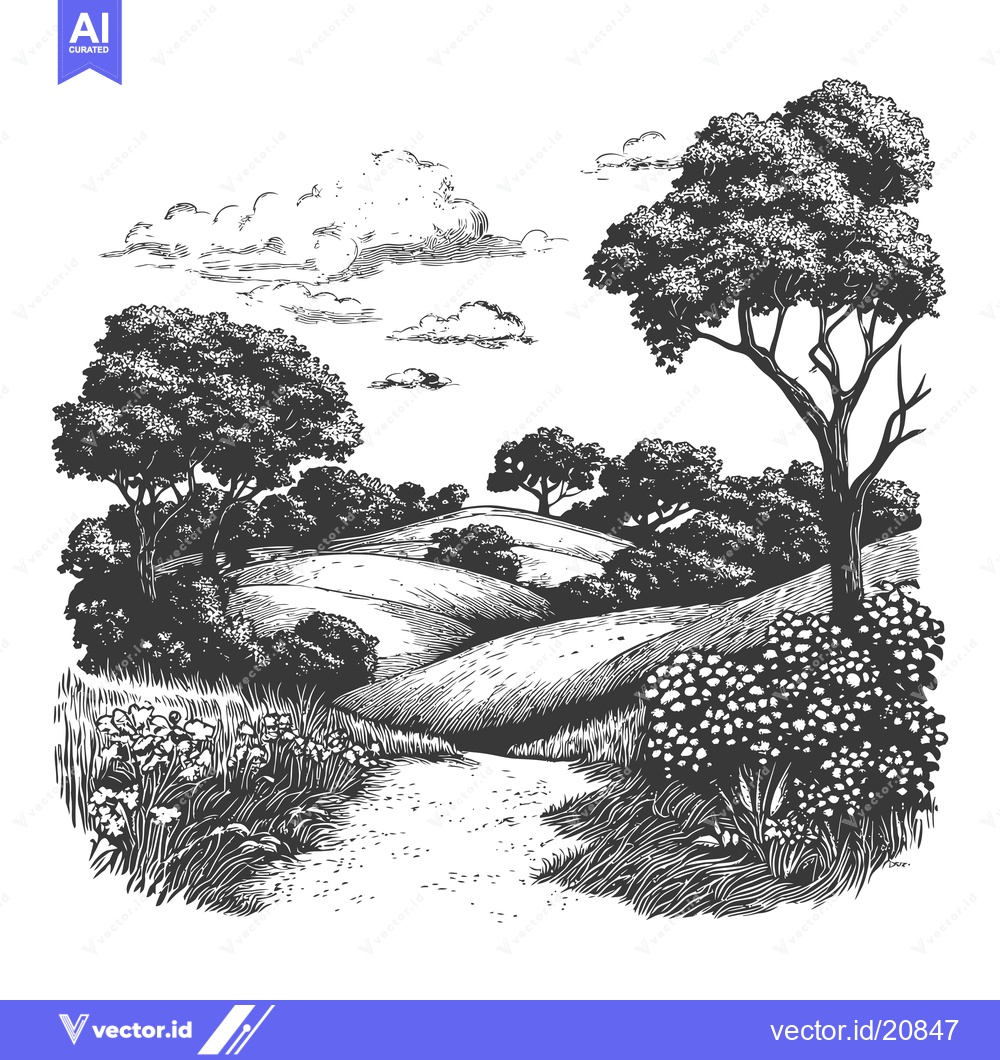 Premium Vector dari A Winding Path Through a Rolling Hill Landscape with Trees and Flowers