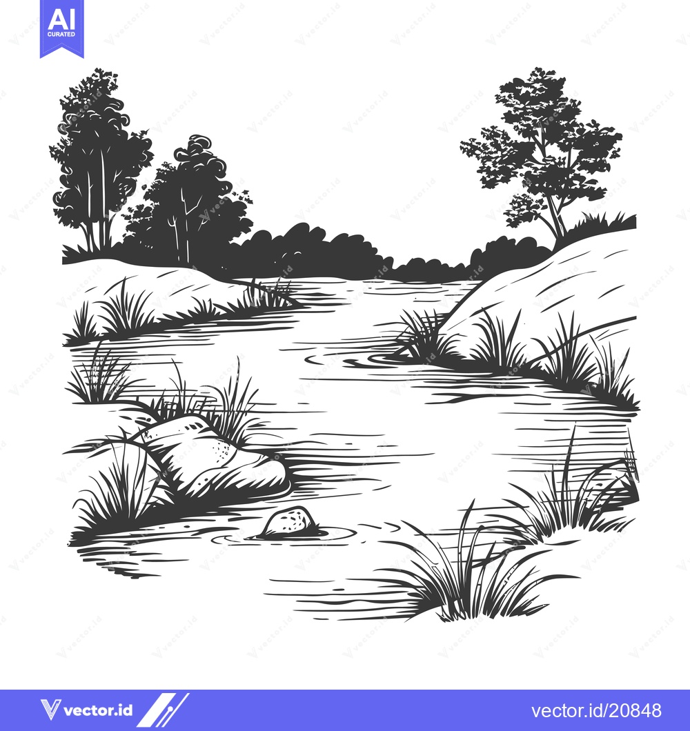 Premium Vector dari A winding river flows through a lush forest with tall trees and foliag