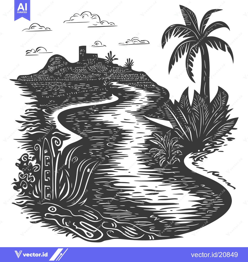 Premium Vector dari A Winding River Through a Lush Tropical Landscape