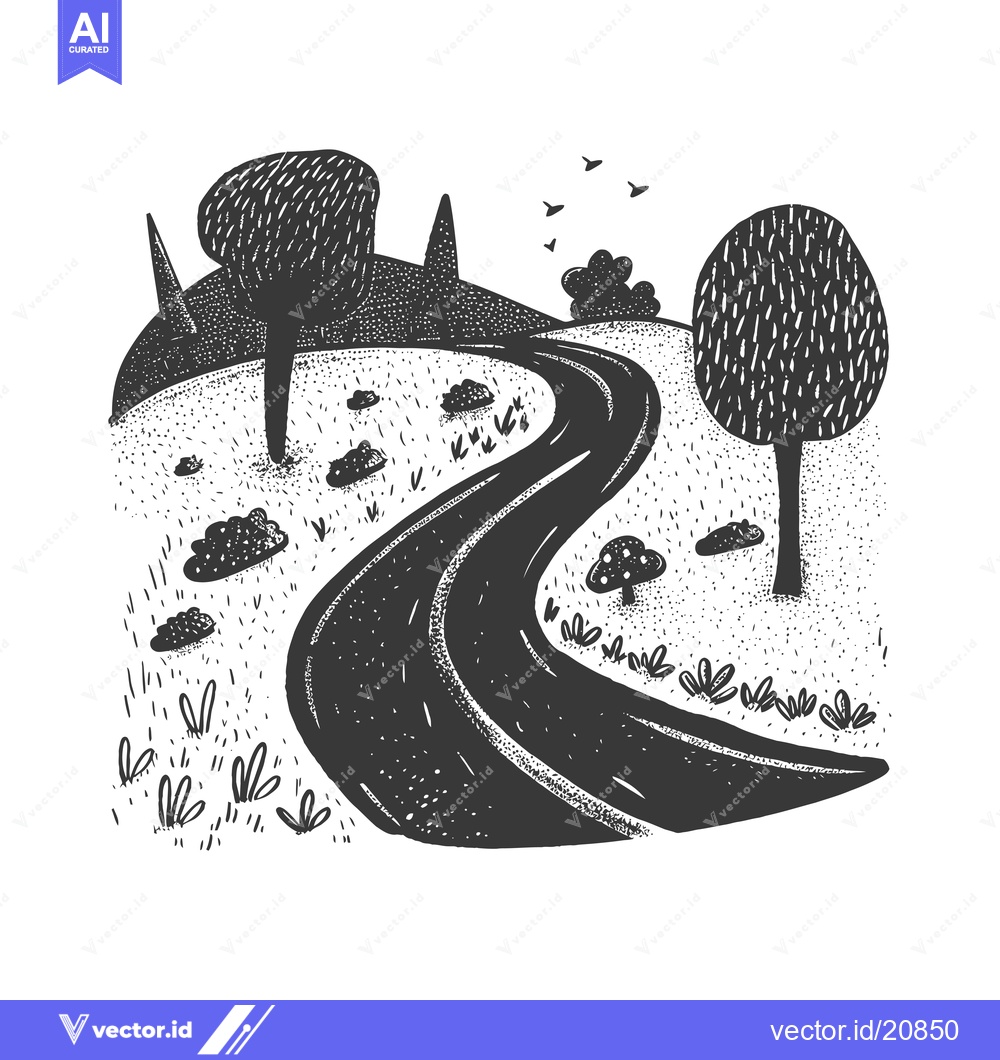 Premium Vector dari A winding road through a black and white illustrated landscape with tr