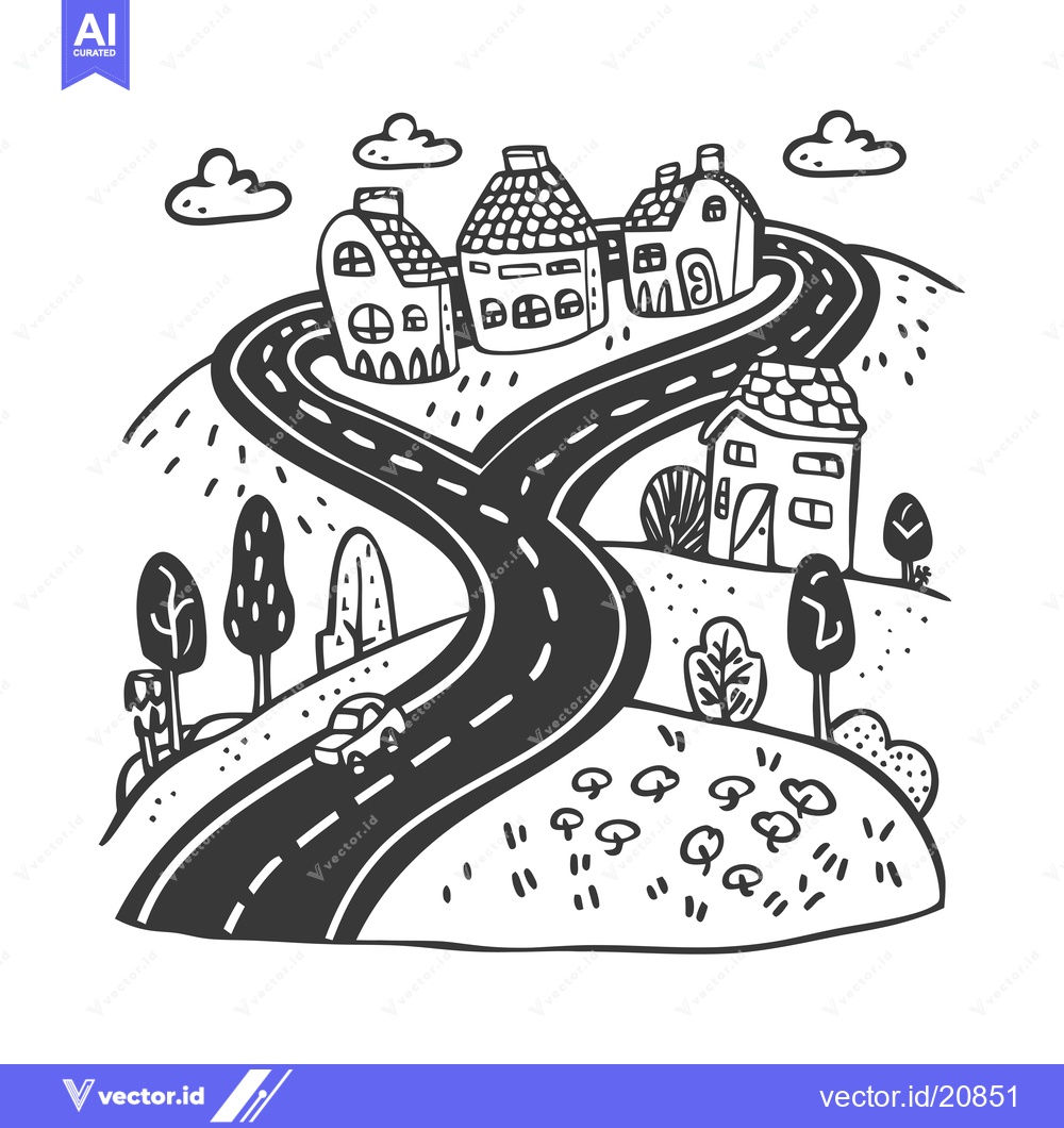 Premium Vector of A Winding Road Through a Village with Houses and Clouds
