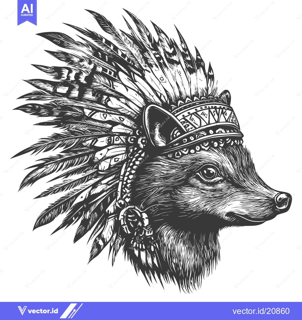 Premium Vector of A wolf wearing an intricate feathered headdress with detailed beadwork