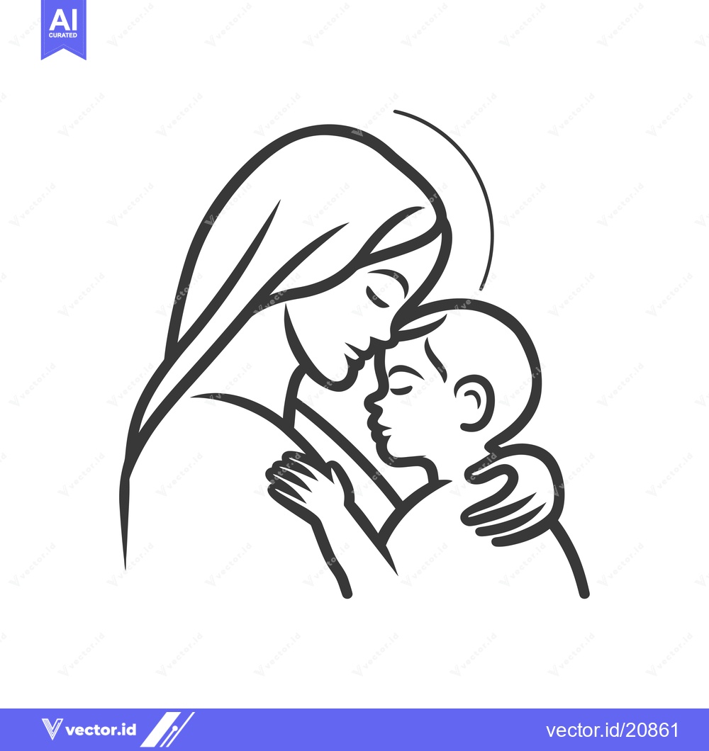 Premium Vector dari A Woman and a Child Embracing, Line Art Illustration