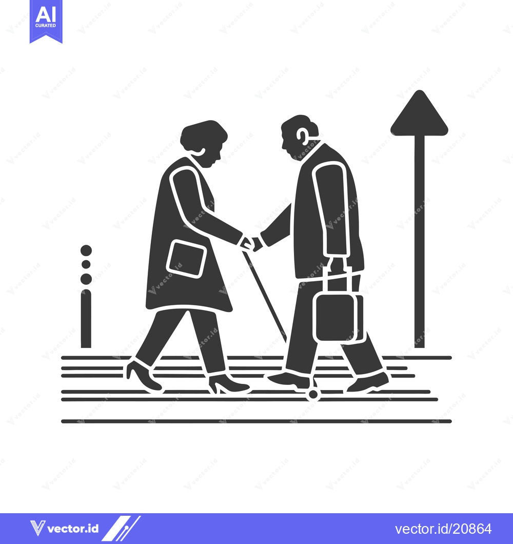 Premium Vector of A woman helps a man with a cane cross a crosswalk.