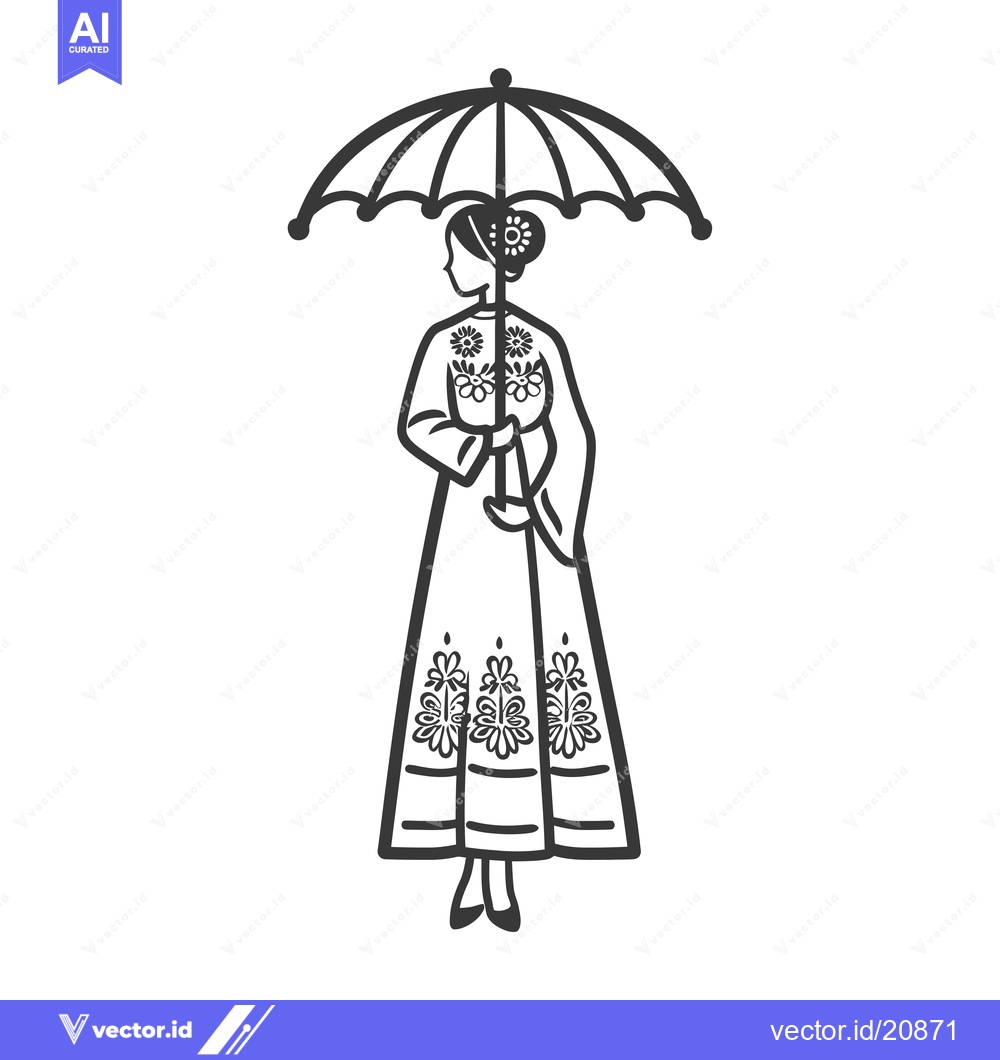 Premium Vector of A Woman in a Floral Dress Holding an Umbrella