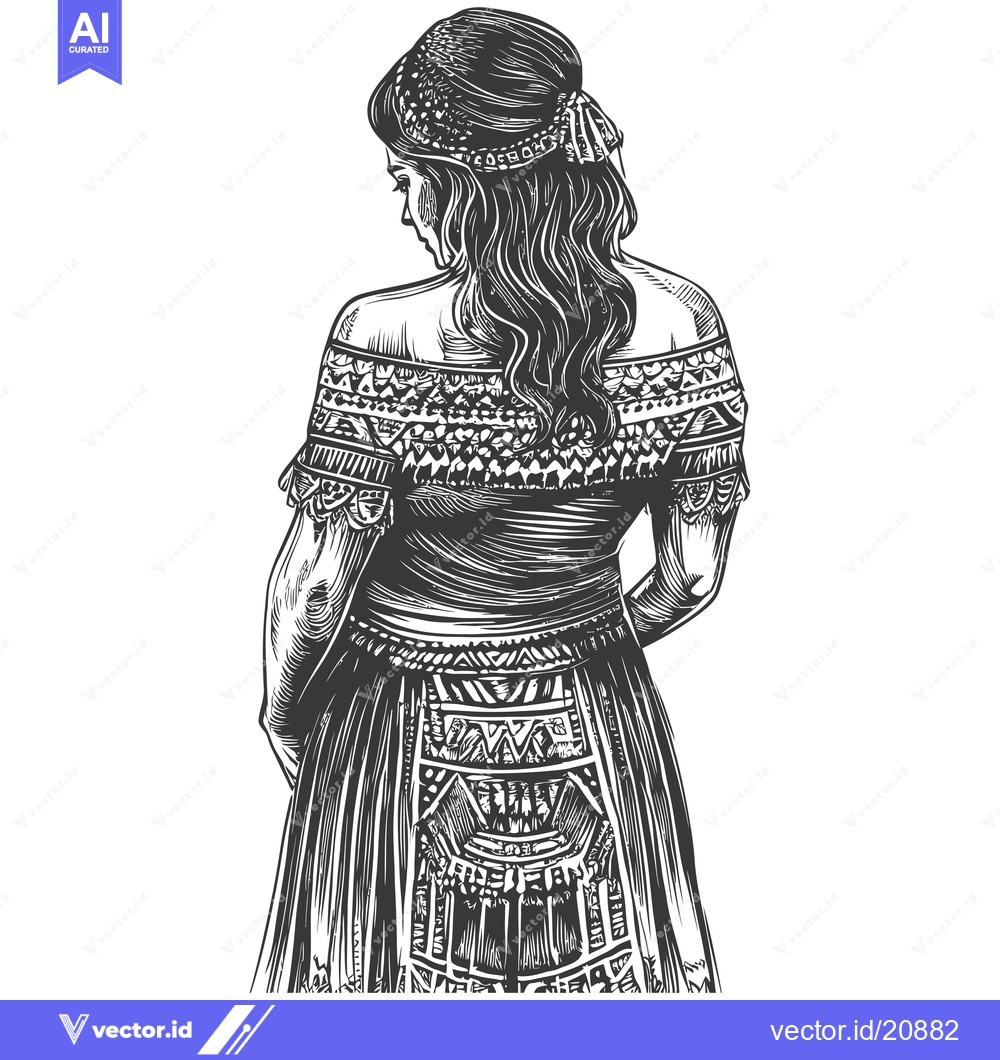 Premium Vector of A Woman in a Long, Ornate Dress, Viewed from Behind