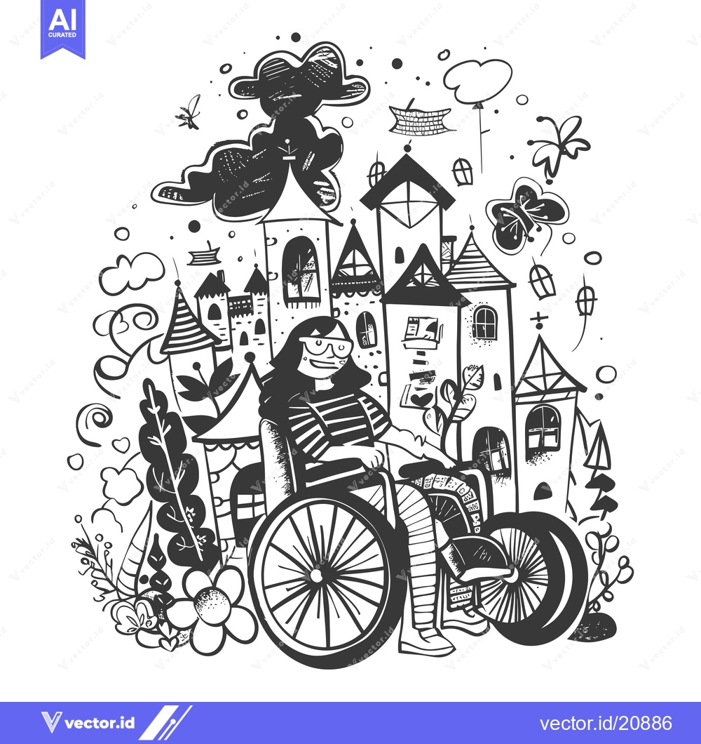 Premium Vector dari A woman in a wheelchair surrounded by whimsical doodle houses and natu