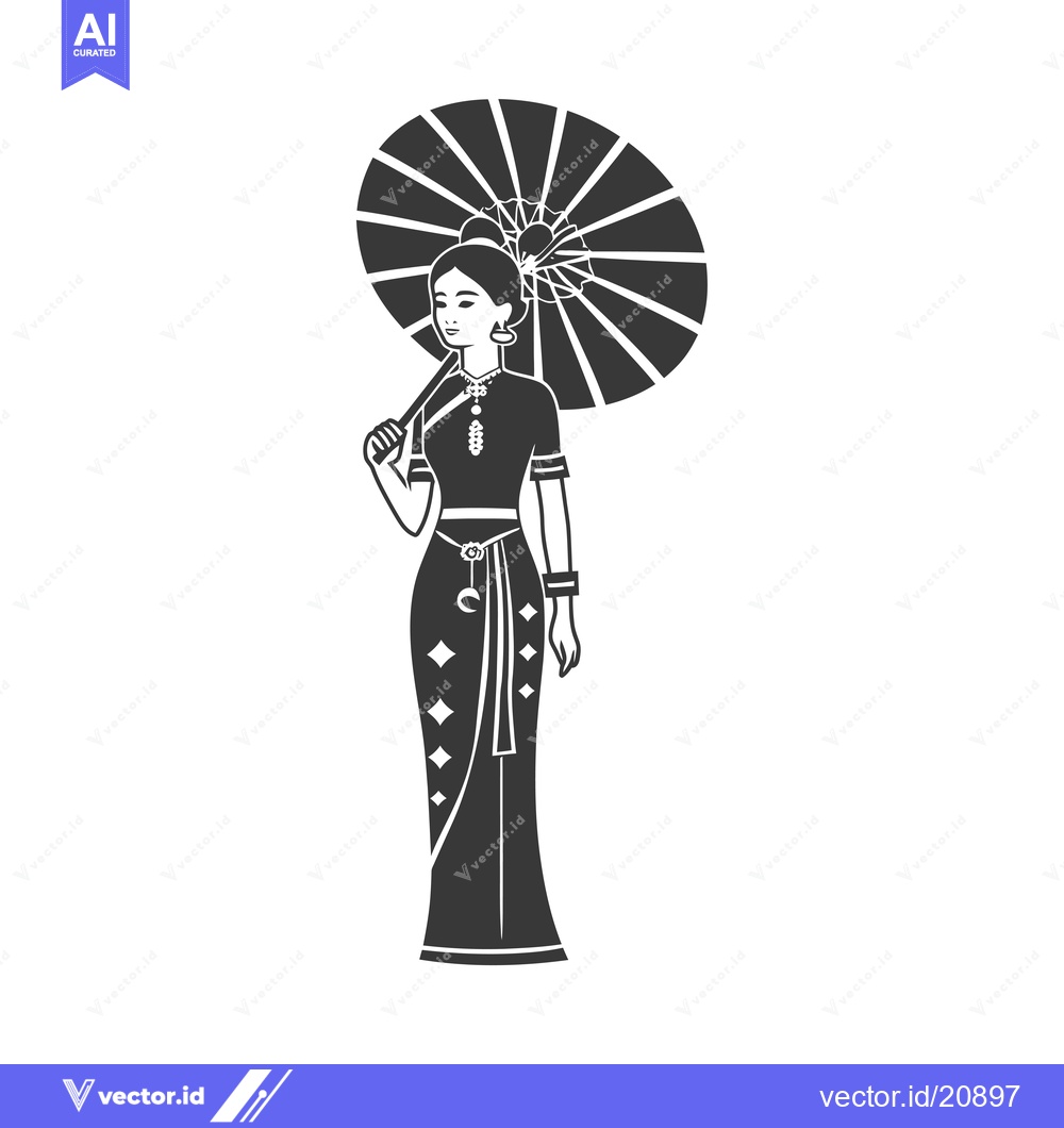 Premium Vector dari A Woman in Traditional Burmese Clothing Holding an Umbrella