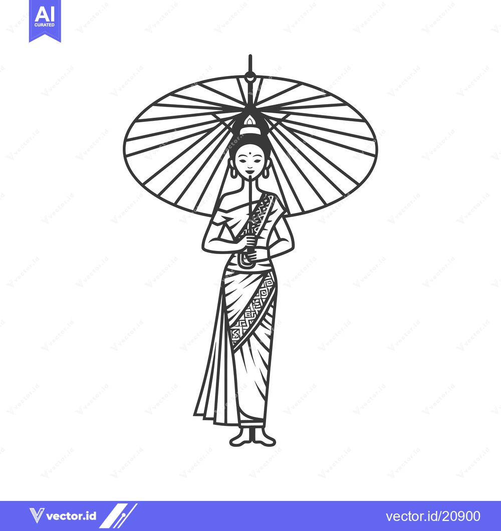 Premium Vector of A Woman in Traditional Clothing Holding an Umbrella