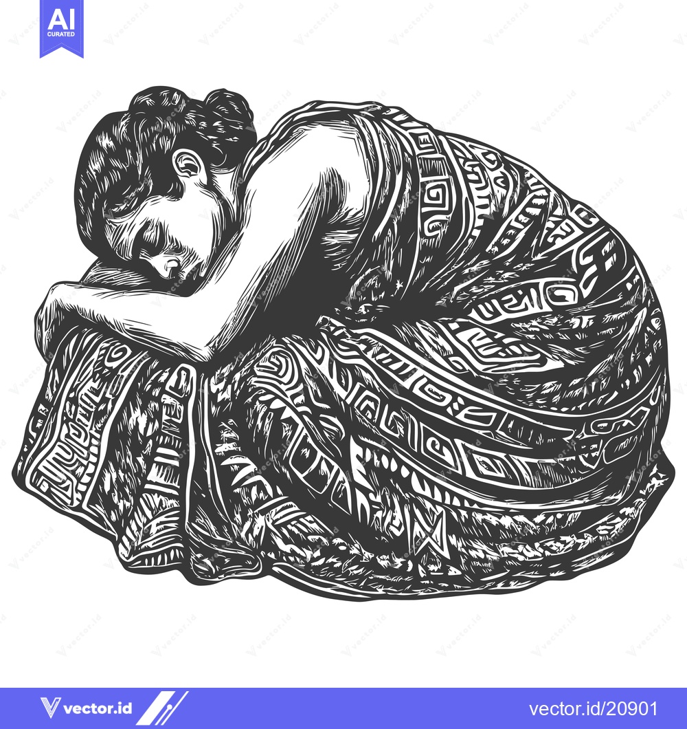 Premium Vector of A Woman in Traditional Clothing Kneeling, Depicting Sorrow