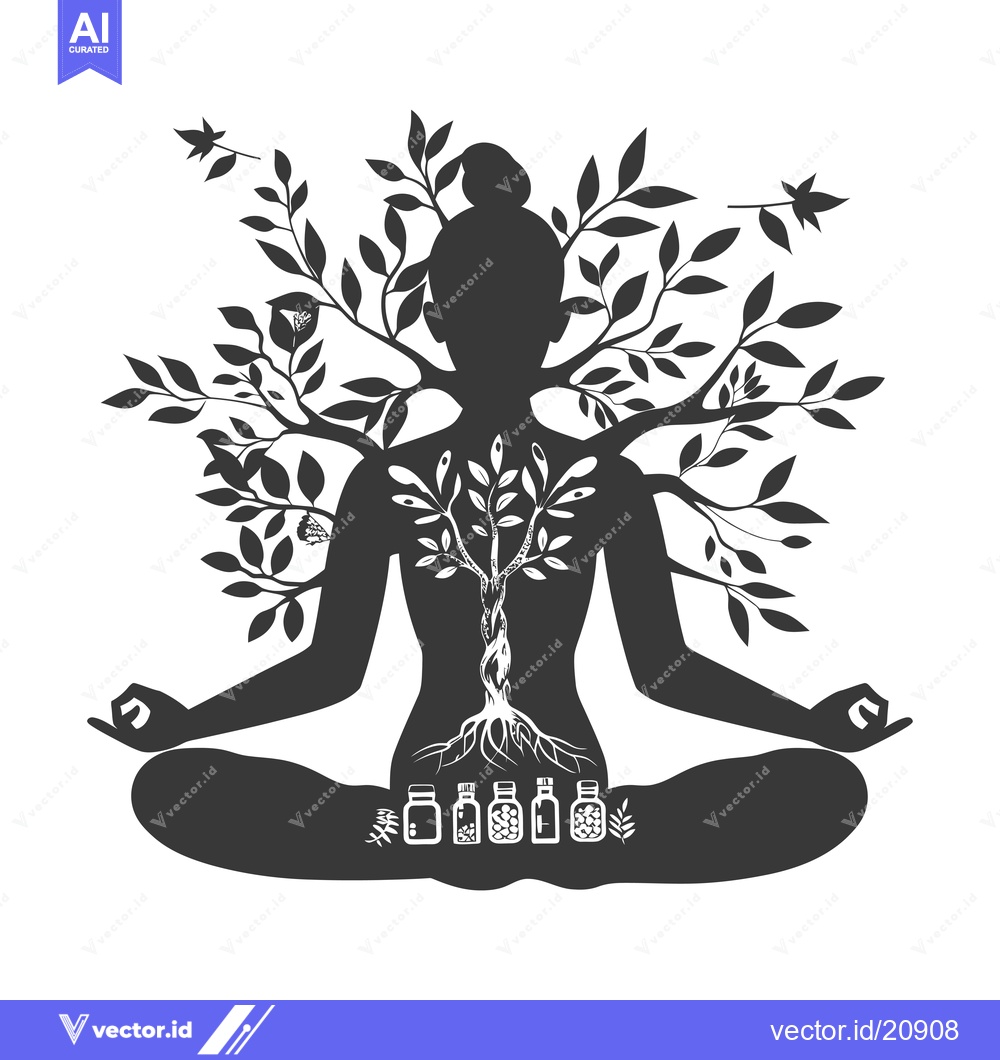 Premium Vector of A Woman in Yoga Pose With a Tree Growing From Her Back and Bottles of