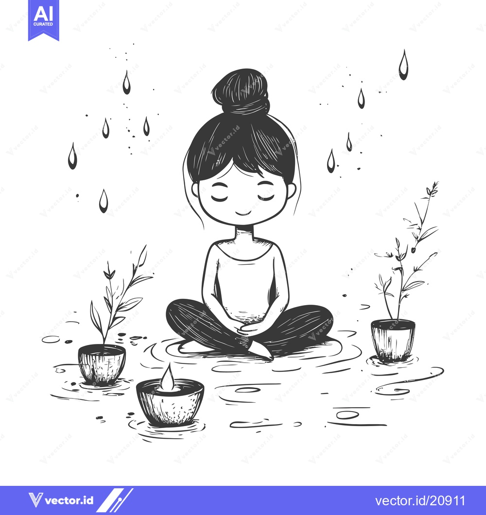 Premium Vector dari A woman meditating with candles and plants in a pond during a light ra