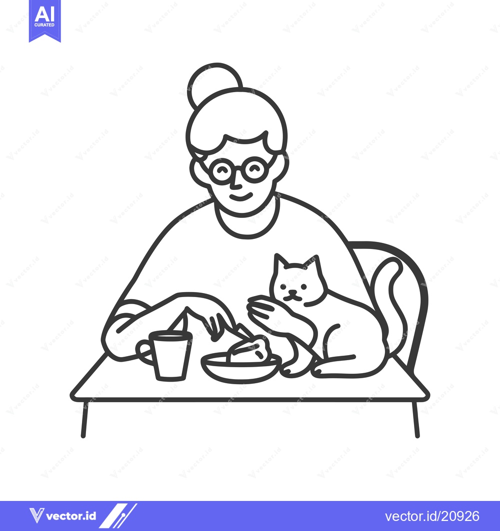 Premium Vector of A Woman Sharing Her Meal with Her Cat at a Table