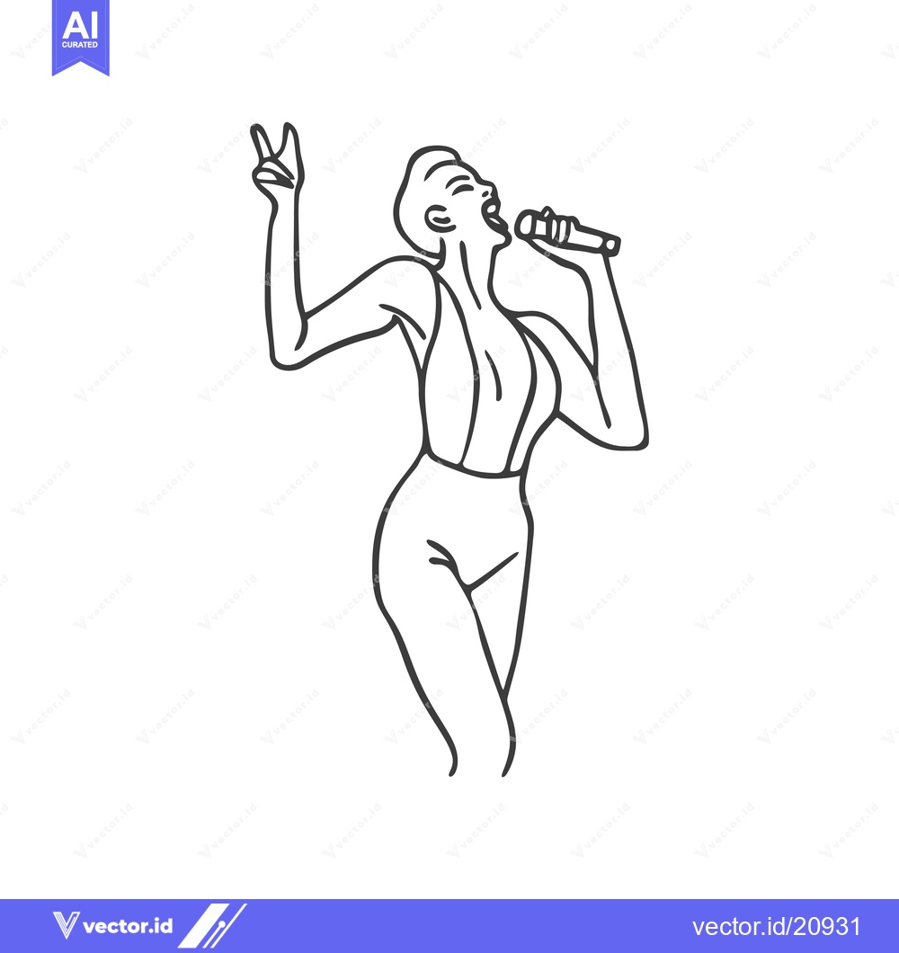 Premium Vector dari A woman singing with a microphone, with one hand in the air