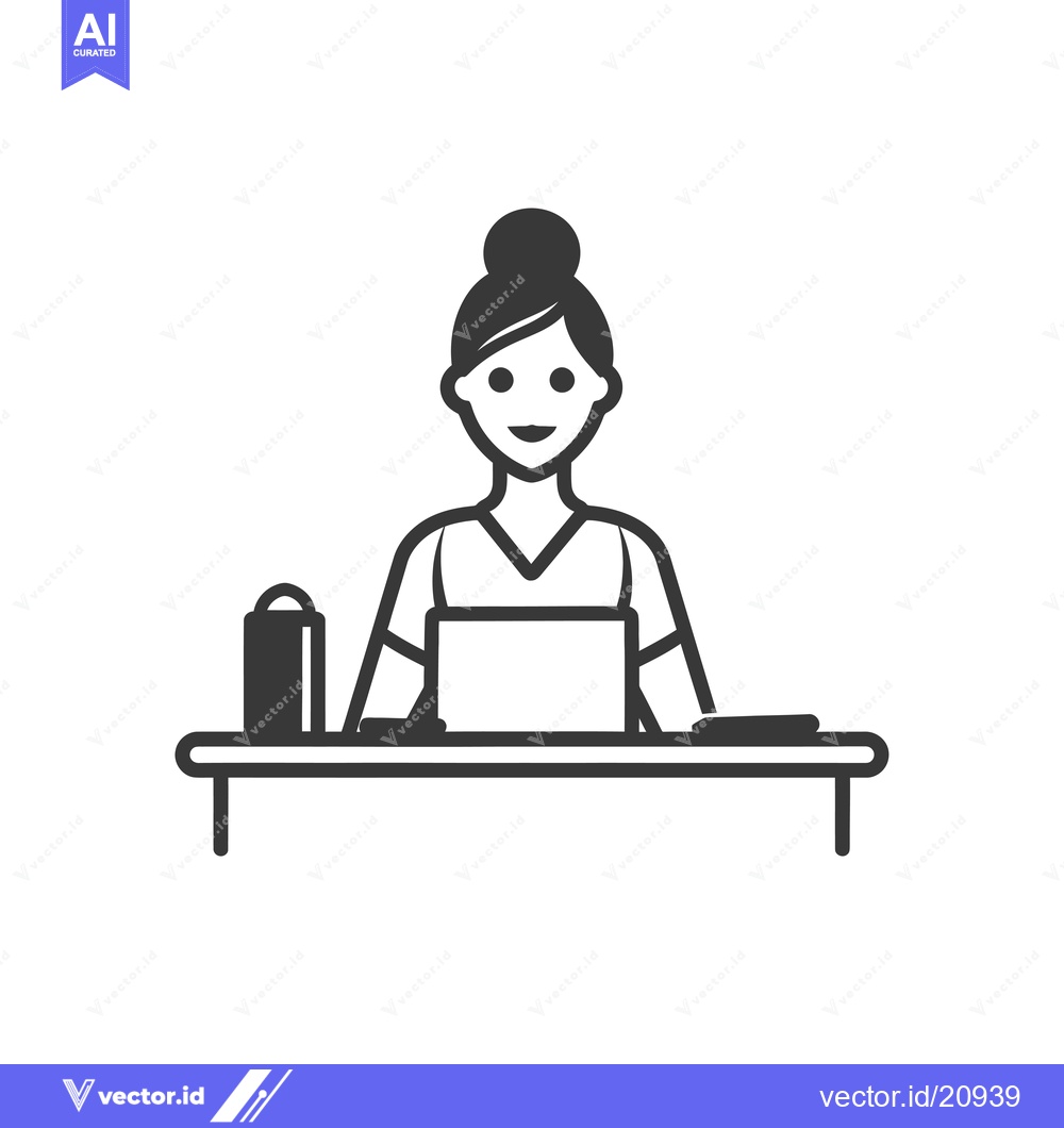 Premium Vector dari A Woman Sitting at a Desk Using a Laptop with a Water Bottle and Paper