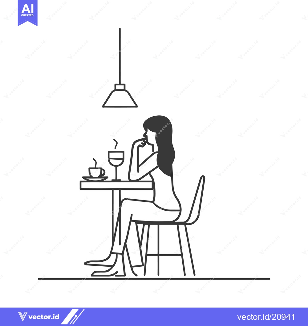 Premium Vector of A woman sitting at a table in a cafe, looking thoughtful