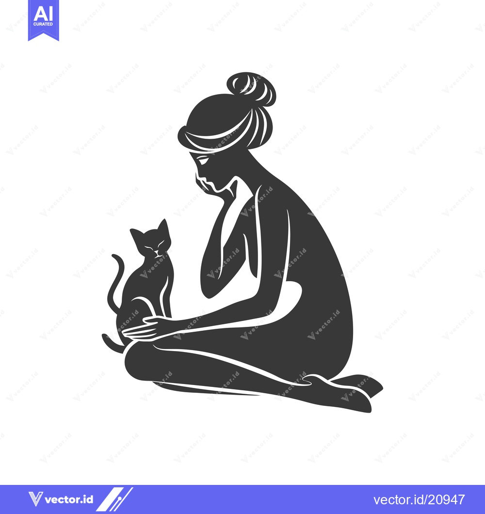 Premium Vector of A Woman Sitting with Her Cat in a Silhouette