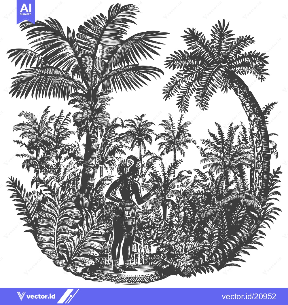Premium Vector dari A Woman Standing in a Lush Jungle of Palm Trees and Ferns