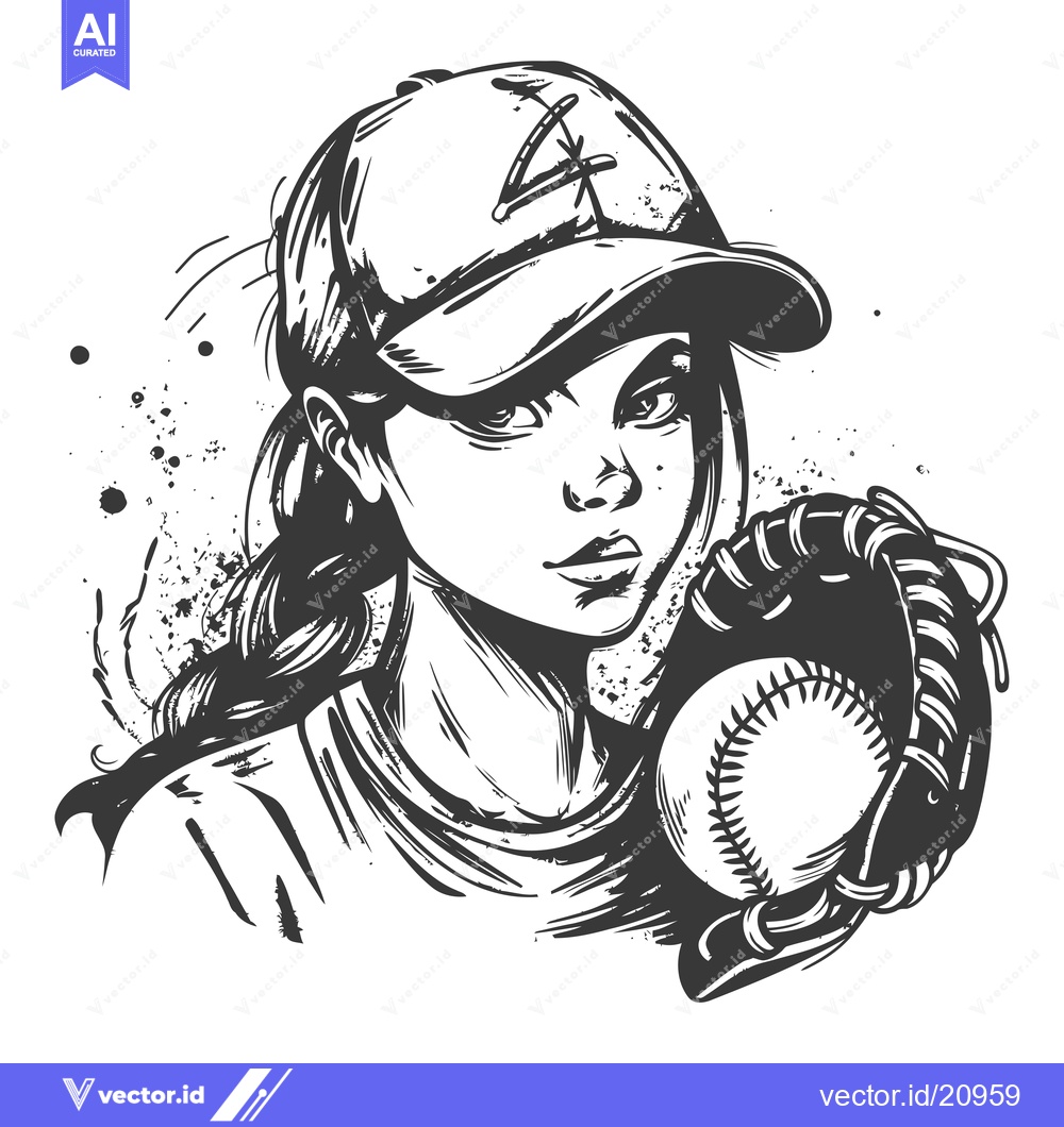 Premium Vector of A Woman Wearing a Baseball Cap Holds a Baseball Glove and Ball