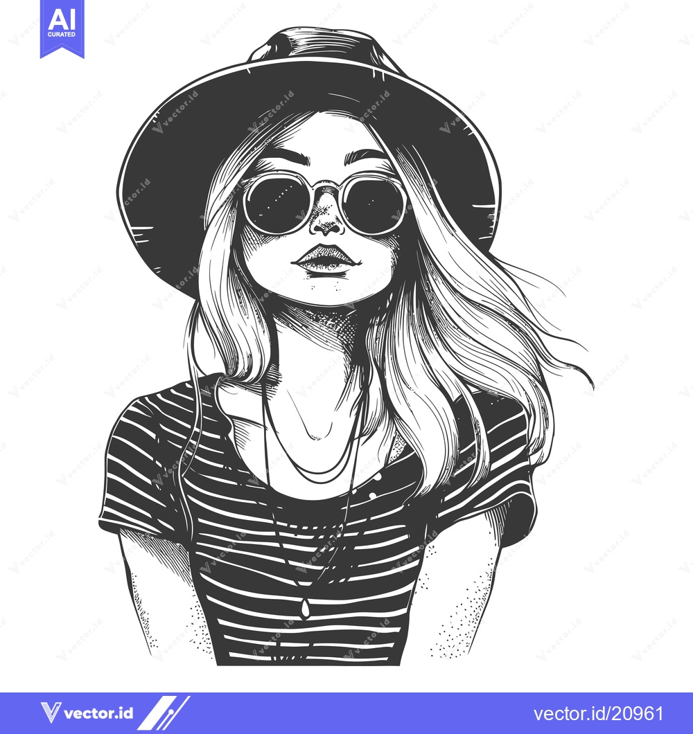 Premium Vector of A Woman Wearing a Hat, Sunglasses, and a Striped Shirt
