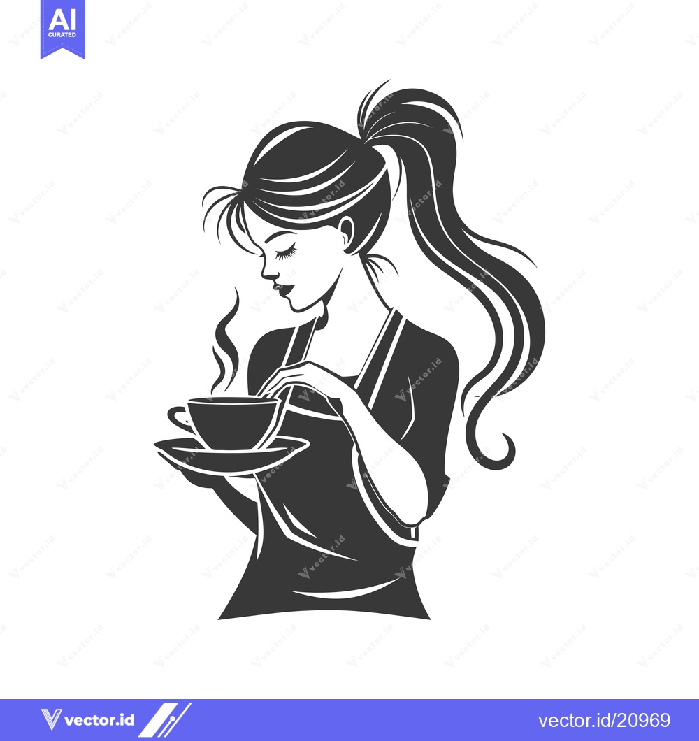 Premium Vector dari A Woman with a Ponytail Holds a Cup of Coffee