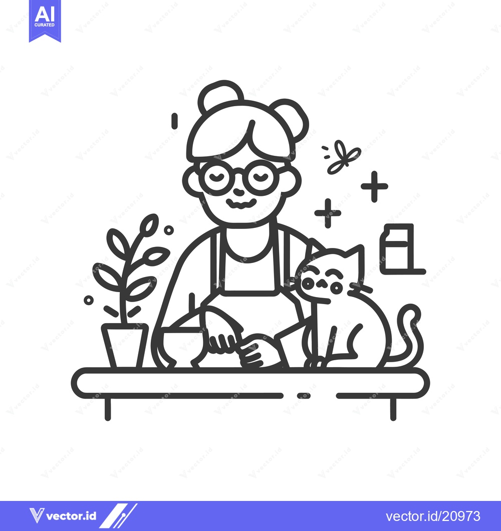Premium Vector of A Woman with Glasses and a Cat Sitting at a Table