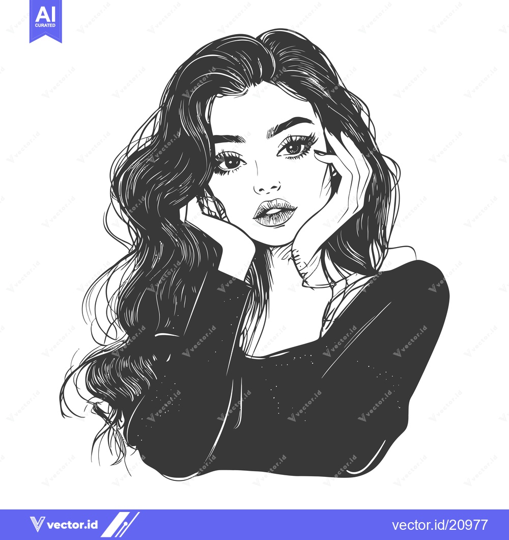 Premium Vector dari A Woman with Long Wavy Hair, Hands on Cheeks, Looking at the Viewer