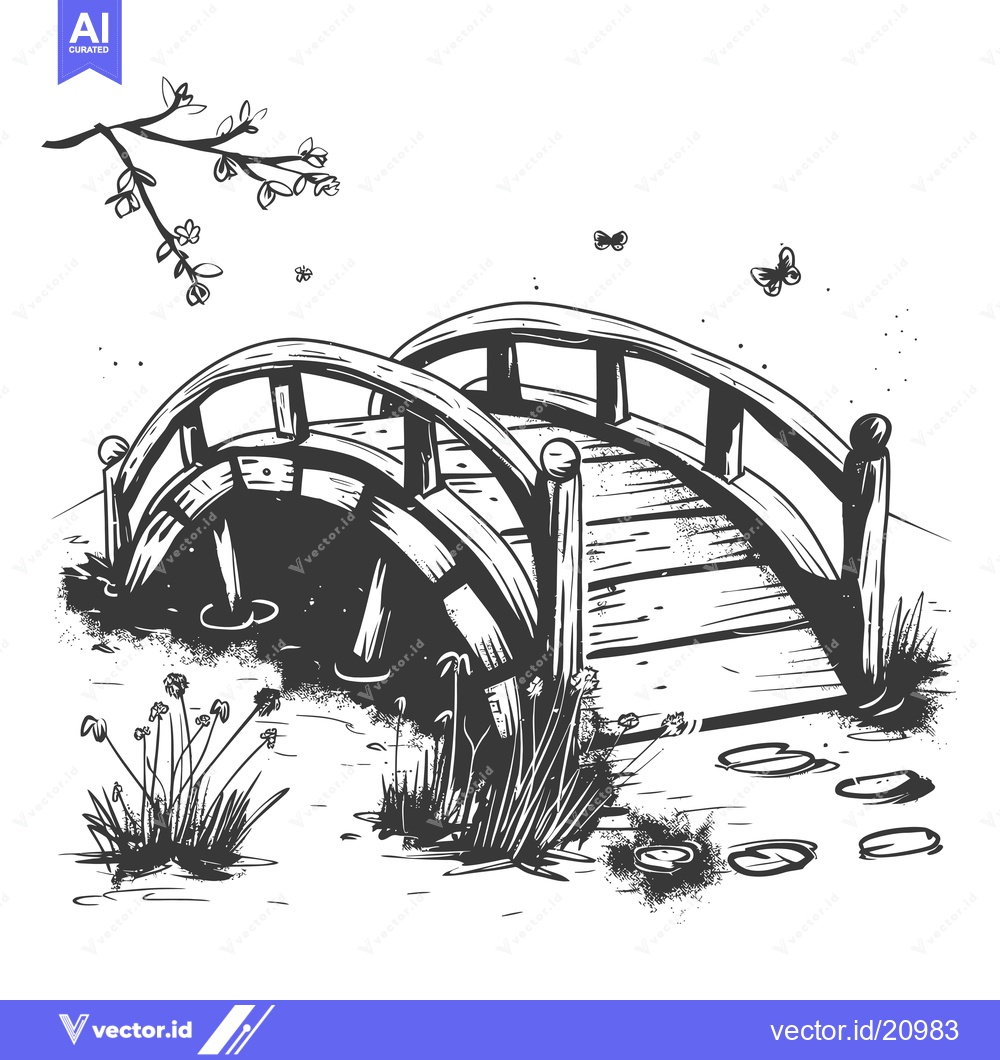 Premium Vector dari A Wooden Bridge Spanning a Creek with Lush Grass and Butterflies