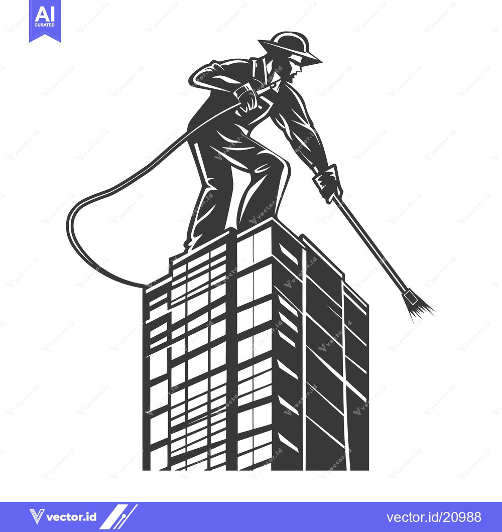 Premium Vector of A Worker Power Washing a Tall Building Facade