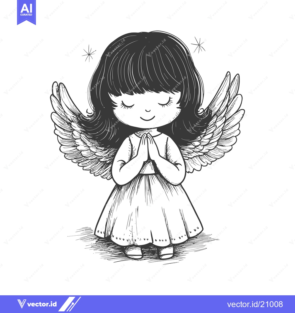 Premium Vector of A Young Angel with Wings, Praying with Closed Eyes