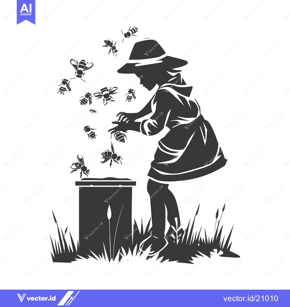 Premium Vector dari A Young Beekeeper Surrounded by Bees and a Hive