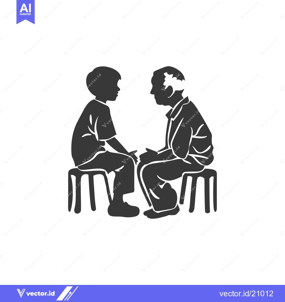 Premium Vector of A young boy and older man sit facing each other on stools