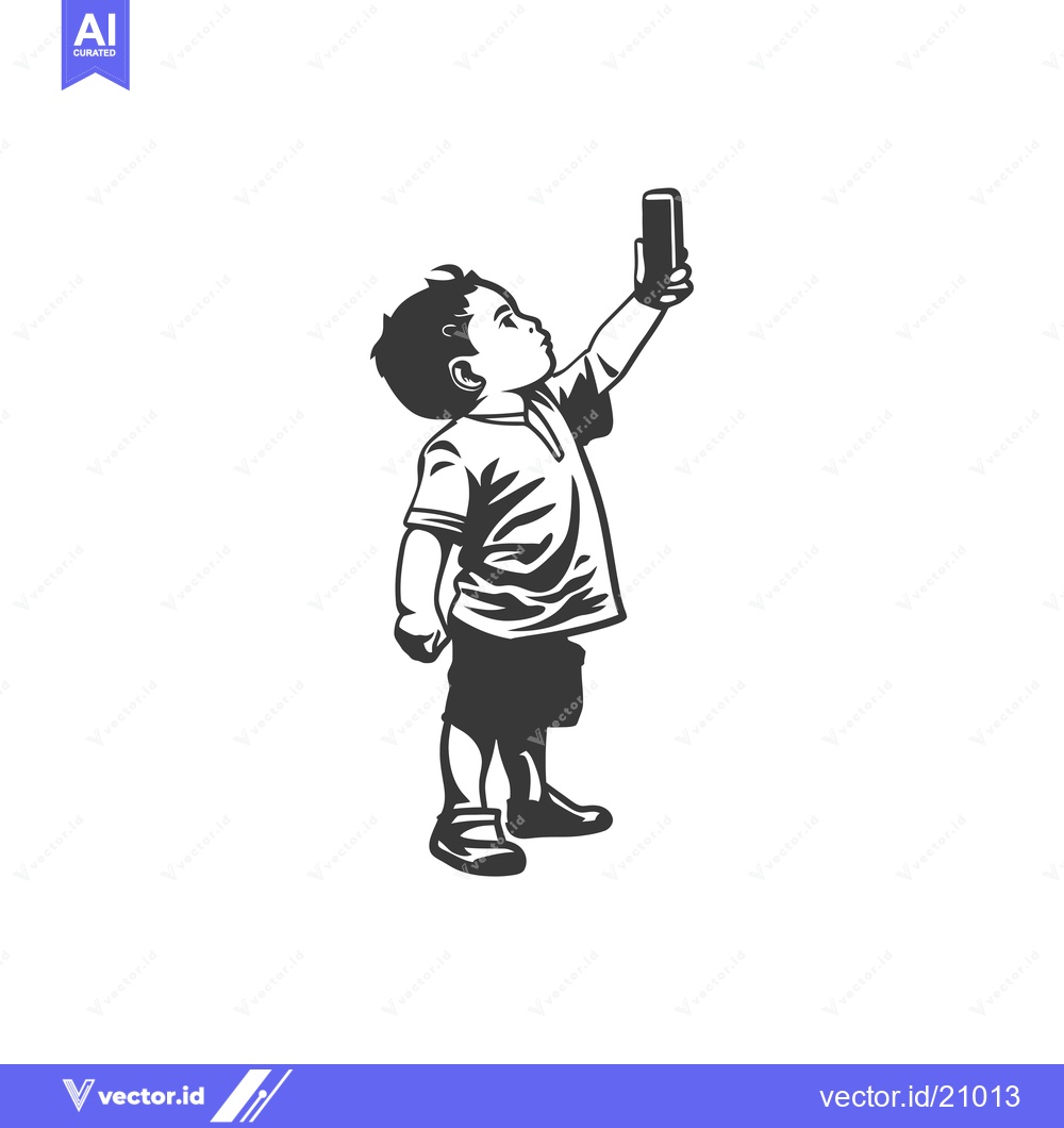 Premium Vector of A Young Boy Holding a Smartphone Up High