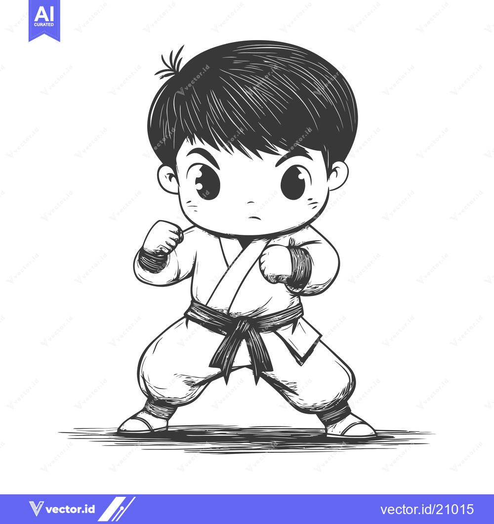 Premium Vector of A Young Boy in a Karate Uniform Stands in a Fighting Stance