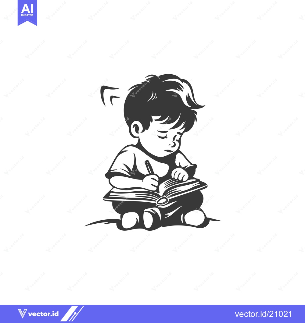 Premium Vector dari A young boy sits and writes in an open book with a pencil.