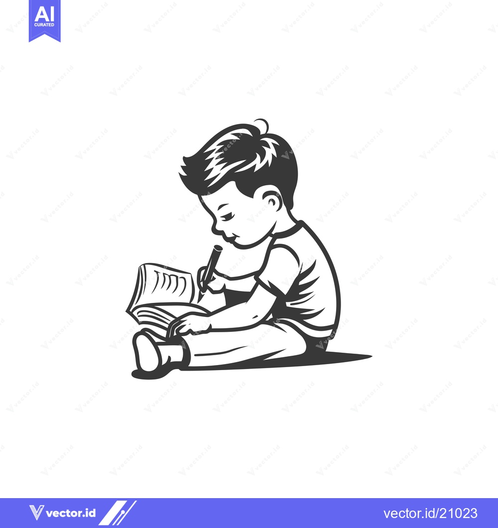 Premium Vector dari A young boy sits with a book and pencil writing