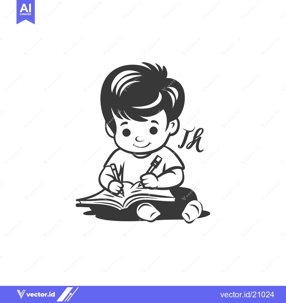 Premium Vector dari A young boy sitting and drawing with two pencils in a book