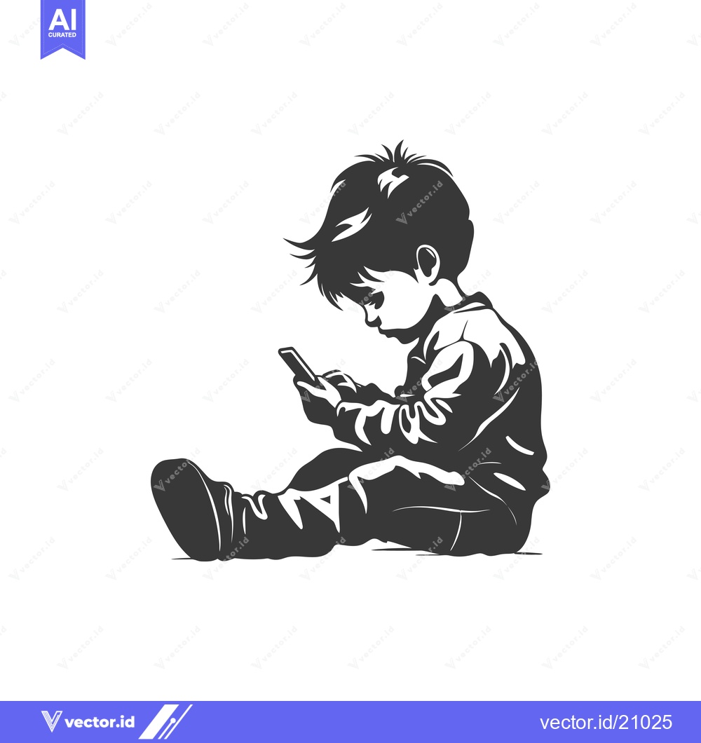 Premium Vector of A Young Boy Sitting and Looking at His Smartphone