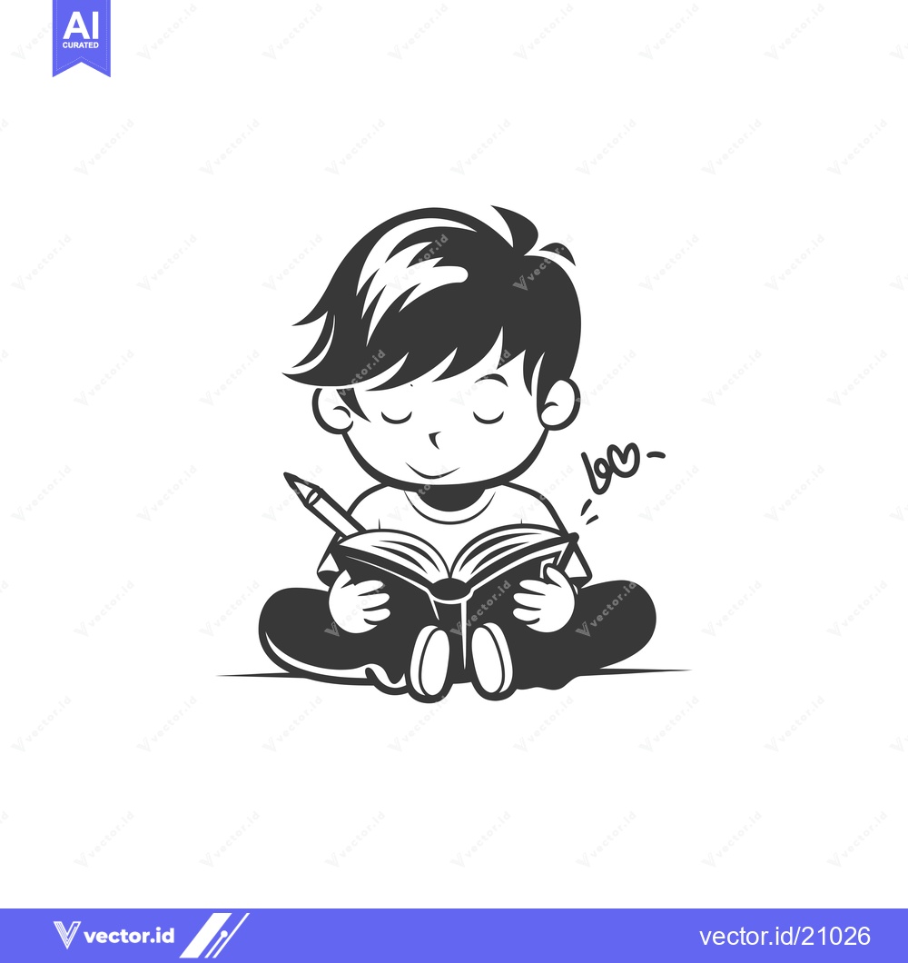 Premium Vector of A Young Boy Sitting and Reading a Book