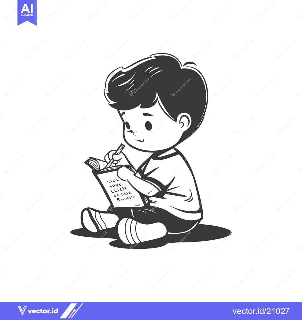 Premium Vector of A Young Boy Sitting and Writing in a Notebook