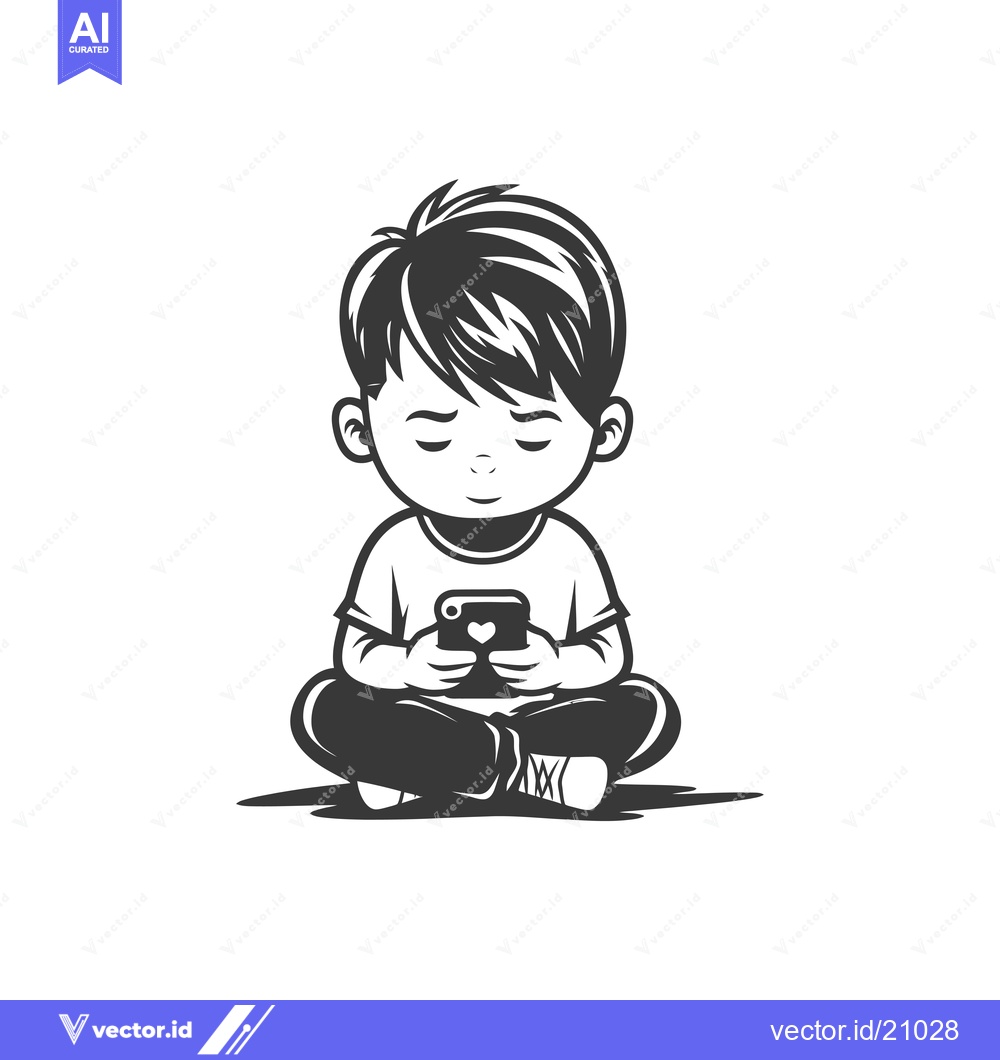 Premium Vector of A Young Boy Sitting Cross-legged, Focused on his Smartphone