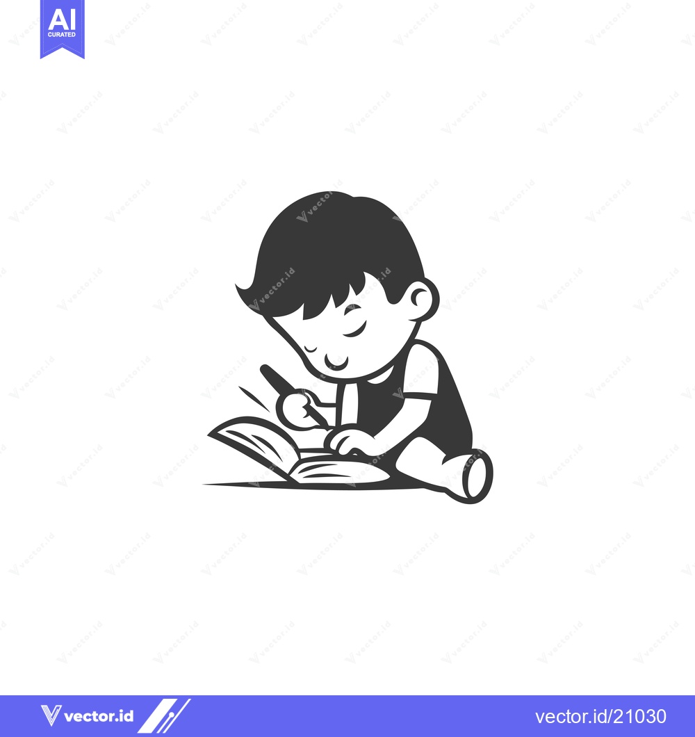 Premium Vector dari A young boy sitting on the floor writing in a book.