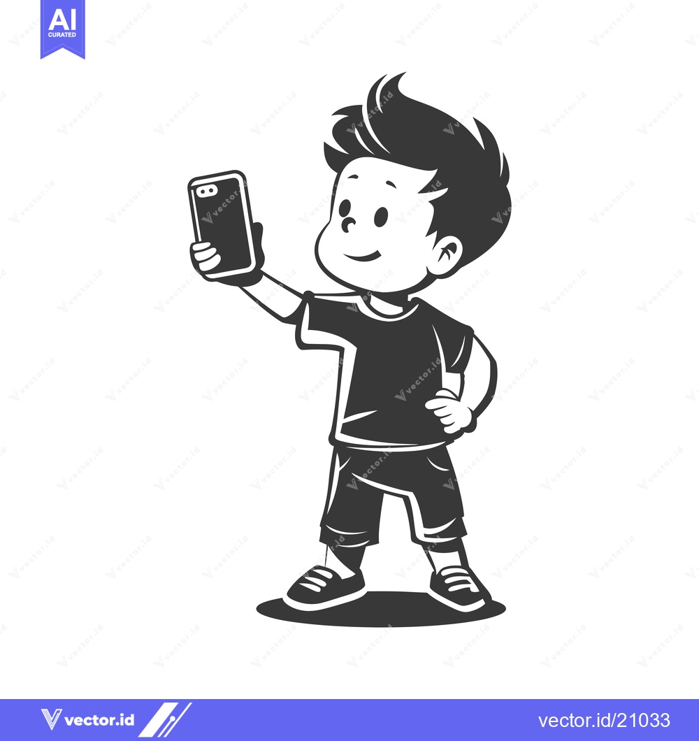 Premium Vector of A young boy taking a selfie with a smartphone