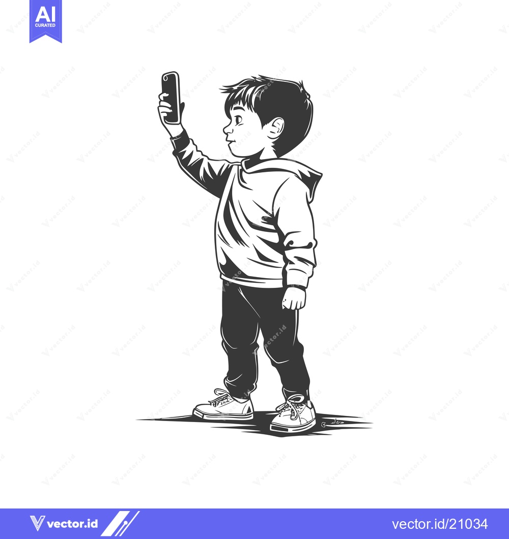 Premium Vector of A Young Boy Taking a Selfie with a Smartphone
