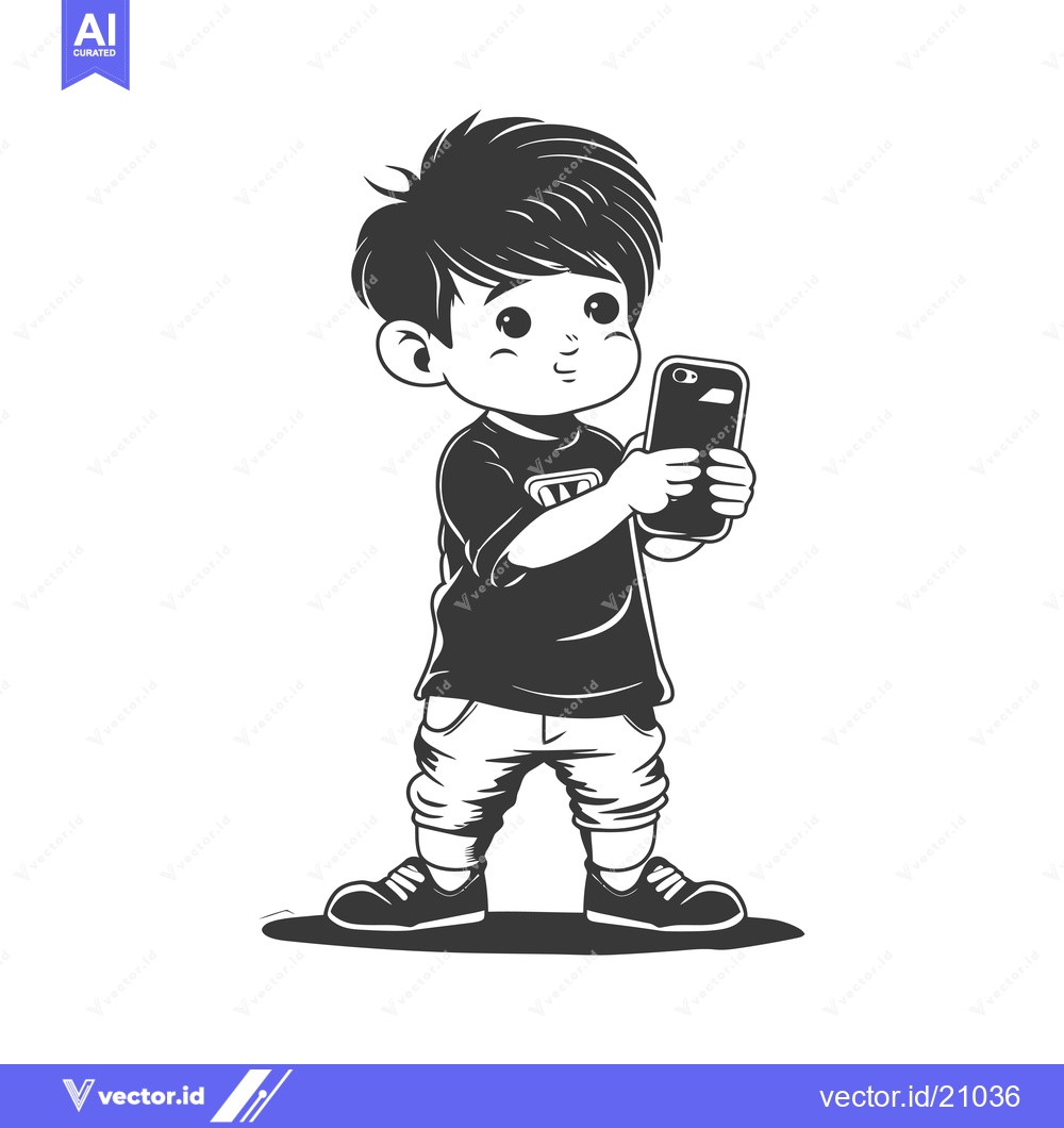 Premium Vector dari A Young Boy Using a Smartphone with a Curious Expression