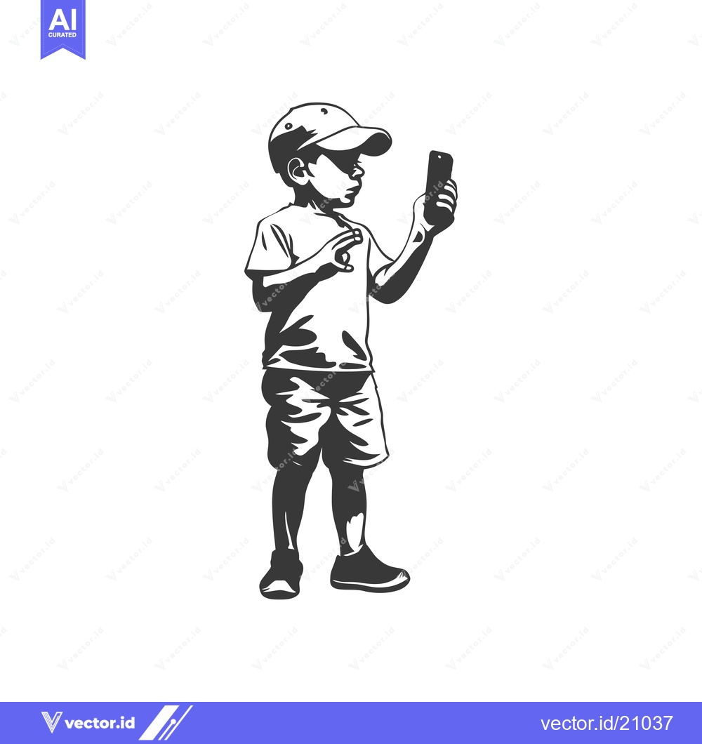 Premium Vector dari A young boy wearing a cap and shorts holds a smartphone.