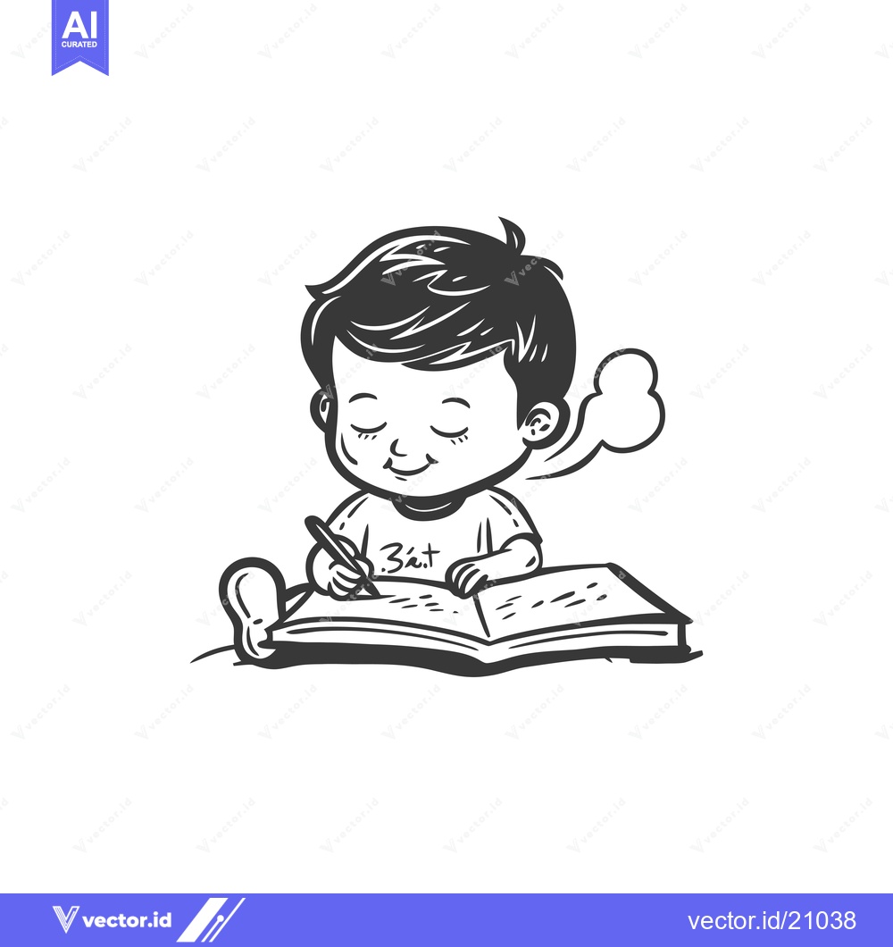 Premium Vector dari A Young Boy Writing in a Notebook with a Thought Bubble Above His Head