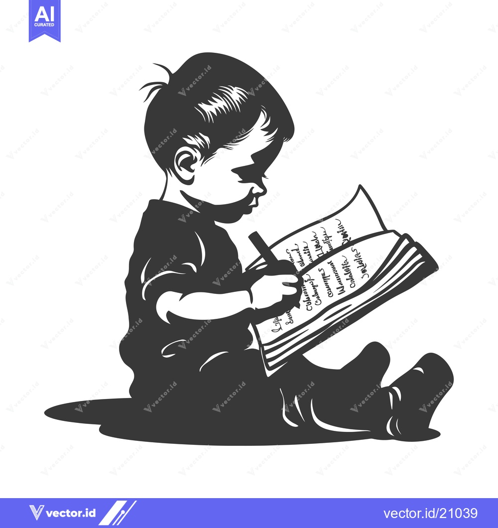 Premium Vector of A Young Child Concentratedly Studying a Book