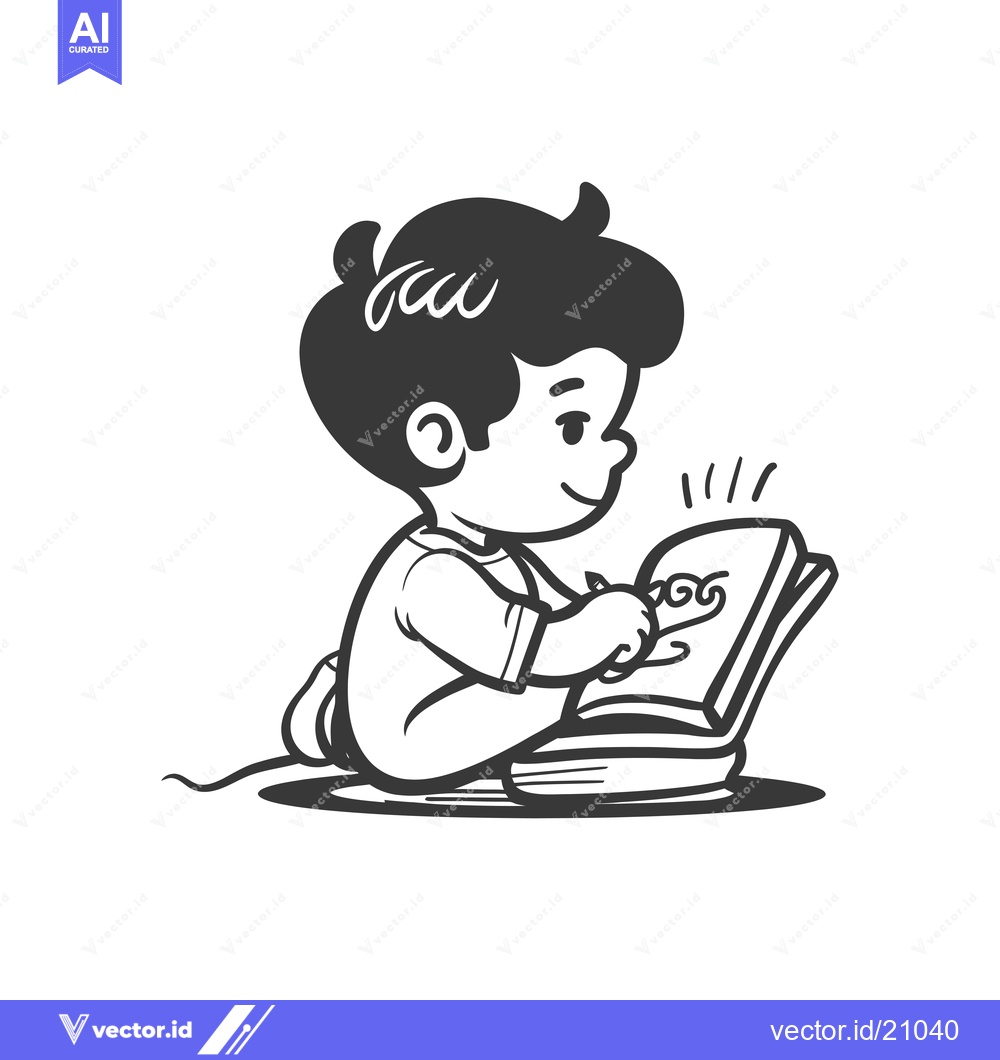 Premium Vector dari A young child drawing in a book, sitting on the floor